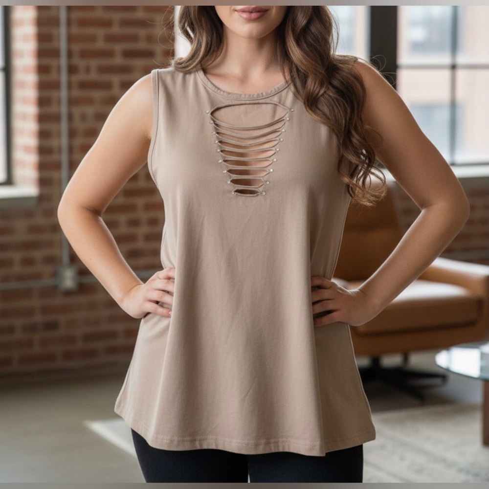 Vance Bikerwear Beige Ladder Cutout Rhinestone Tank Top Fits Like XL Y2K Vibe 3X